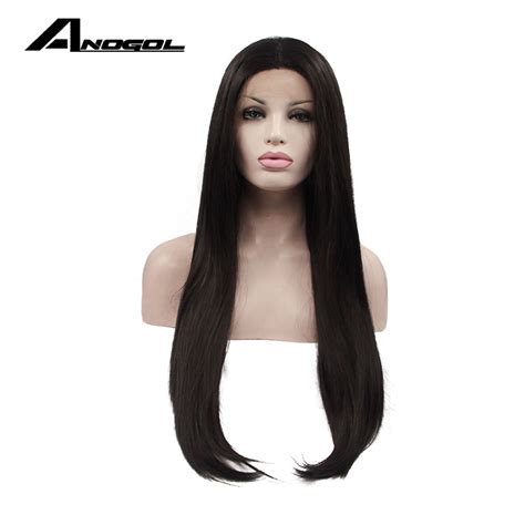 Anogol High Temperature Fiber Brazilian Hair Peruca Cabelo Frontal Wigs Black Long Straight