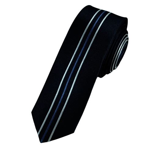 Navy Blue And Silver Vertical Stripe Designer Silk Skinny Tie By