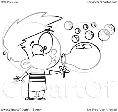Clipart Graphic Of A Cartoon Black And White Lineart Boy Blowing