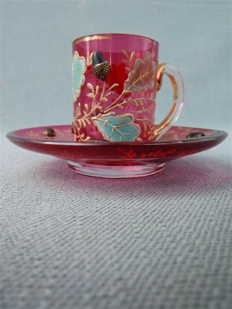 Moser Cranberry Glass Miniature Cup And Saucer Set Acorn And Oak Leaf W Flaws Moser Cup And