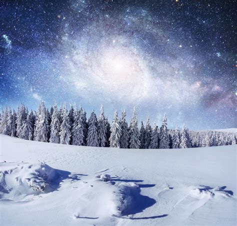 Starry Sky In Winter Snowy Night Fantastic Milky Way In The New Stock