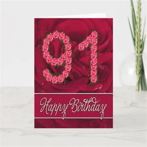 91st Birthday Card With Roses And Leaves