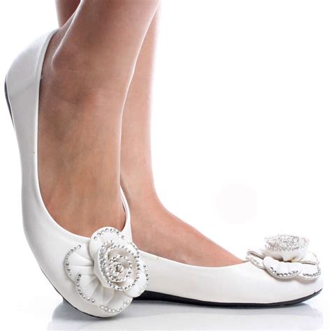 White Slip On Comfortable Rhinestone Flower Petals Ballet Flat Shoes