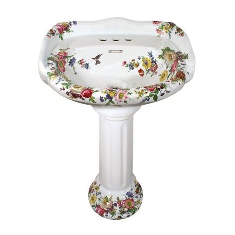 Traditional Victorian Style Pedestal Sink Painted With Flowers