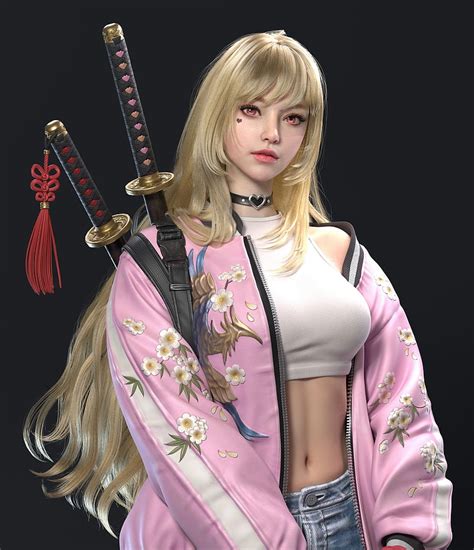 P Free Download CGI Women Blonde Long Hair Weapon Katana Pink Clothing Jacket Open