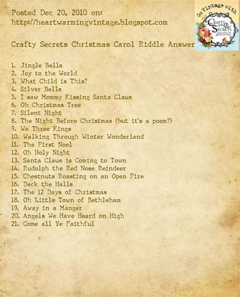 Christmas carol picture riddles by knitting needles and. Crafty Secrets Heartwarming Vintage Ideas and Tips: Christmas Game Answers, Our 2 Blog Giveaways ...