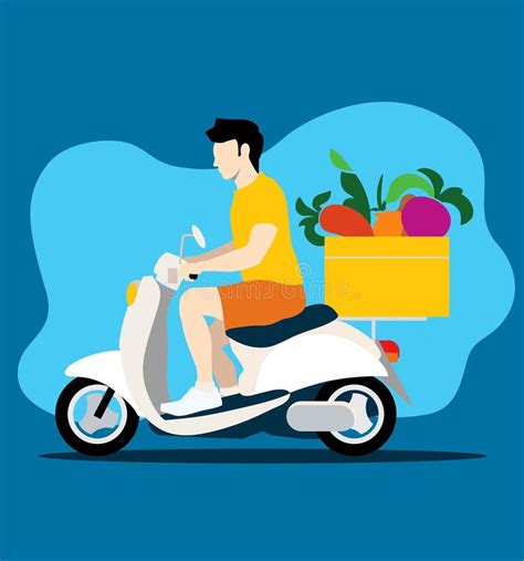 Delivery Boy Riding Scooter With Box With Vegetables Food Delivery