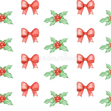 Watercolor Christmas Seamless Pattern Red Bows Holly Background
