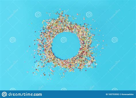 Round Frame Made Of Colored Confetti Blue Background Festive Confetti
