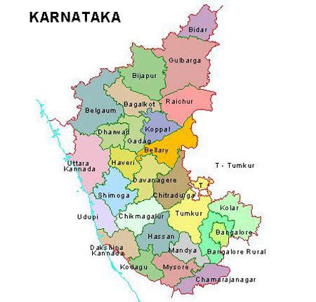 Karnataka ma łączną powierzchnię 191 791 km² i stanowi 5,83% całkowitej powierzchni kraju (mierzonej na 3 288 000 km²). Karnataka District Map, Map of Karnataka