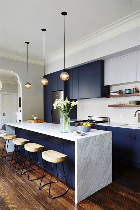 blue kitchen cabinets white countertop Dark kitchen cabinets