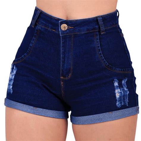 Short Jeans Feminino Cintura Alta Hot Pants Azul Escuro Shorts Levanta Bumbum Meia Coxa Feminina
