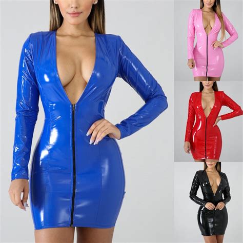 Sexy Faux Leather Dress Women 2021 Long Sleeve Bodycon Mini Dress For Women Sexy Deep V Neck