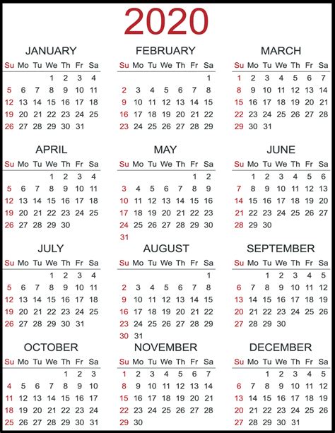2020 12 Month Single File Calendar Printable Free Example Calendar Printable