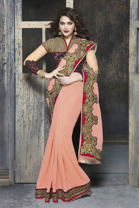 Peach Embroidered Georgette Saree With Blouse Urban India 2309765