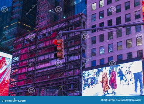 close up view of scaffold for reparation installed on buildings of broadway manhattan new york