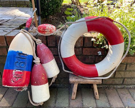 vintage life preserver ring and lobster trap buoy set red white etsy canada vintage life life