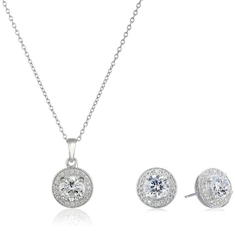 Sterling Silver Cubic Zirconia Round Halo Earrings And Pendant Necklace