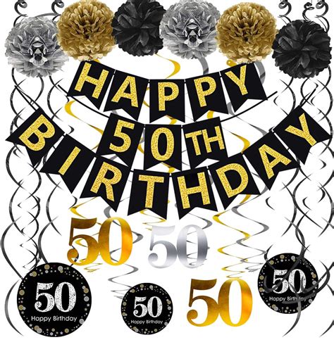 Buy Famoby Black And Gold Glittery Happy 50th Birthday Bannerpoms