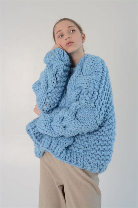 Cable Knit Oversized Chunky Cardigan Sweater Blue Etsy Chunky