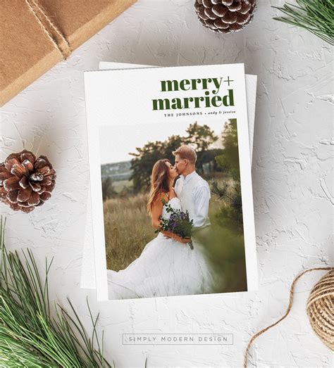 Modern Christmas Wedding Card Married And Bright Christmas Etsy