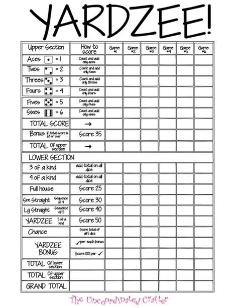 Printable 11x17 Yardzee Score Card File With Uncoordinated Crafter Logo