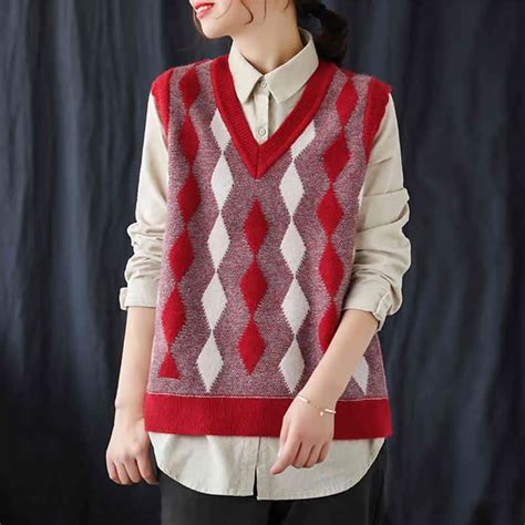 Johnature Vintage Spring Lozenge Women Vests Sweaters V Neck Loose Female Retro Casual Knitted