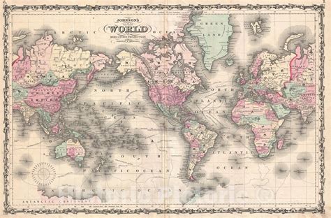 Historic Map The World On Mercator Projection Johnson 1861 Vintage