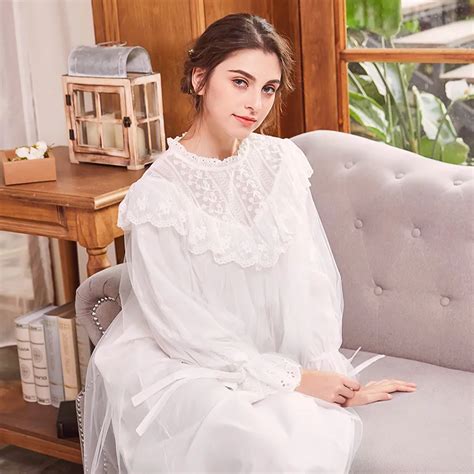 elegant beautiful long sleeved lace mesh cotton long princess nightdress women s nightgown