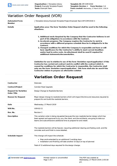 Variation Order Request Template Free And Customisable