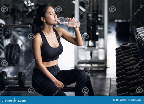 Sporty Girl Drink Water After Dumbbell Exercise Stock Image Image Of