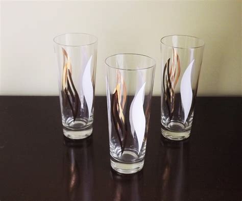 Vintage Beer Glasses Tall Bar Glasses 3 Gold And White Flame