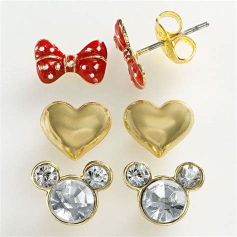 Disney Mickey Mouse Gold Tone Simulated Crystal Bow And Heart Stud