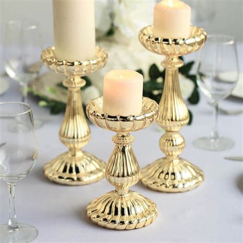 Set Of 3 Mercury Gold Glass Pillar Candle Holders Efavormart