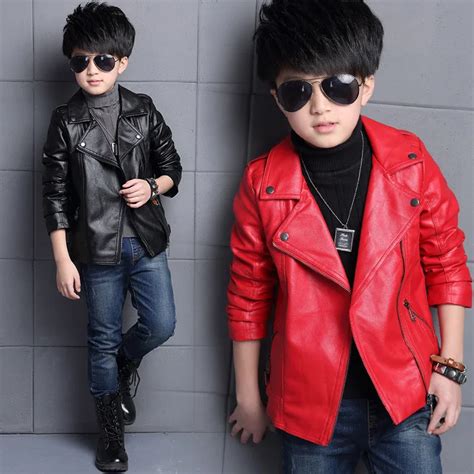 Boys Pu Leather Jacket Spring Autumn Solid Coats Turn Down Collar