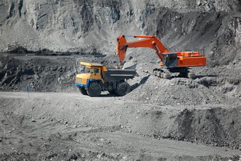 Excavator Loading Mining Truck Stock Image Image Of Black