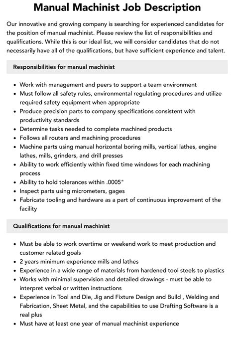 Manual Machinist Job Description Velvet Jobs