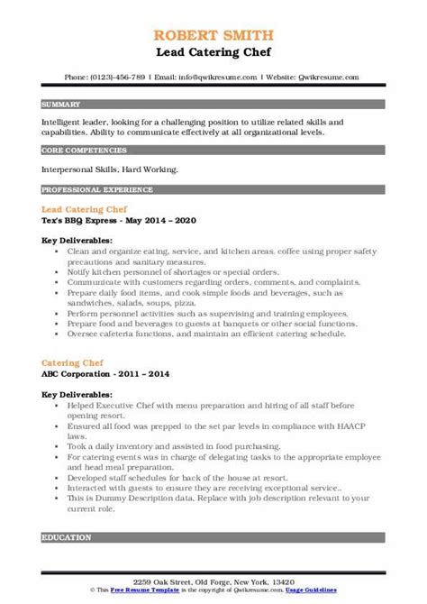 Catering Chef Resume Samples Qwikresume