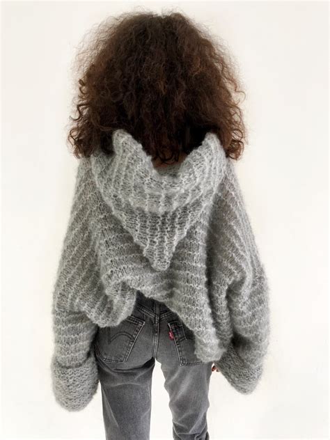 Loose Knit Mohair Sweater Cropped Hooded Fluffy Mohair Sweater Etsy