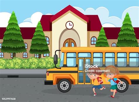 Siswa Pergi Ke Sekolah Dengan Bus Ilustrasi Stok Unduh Gambar