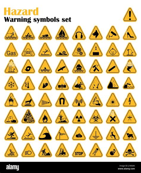Warning Hazard Triangle Signs Set Vector Illustration Yellow Symbols