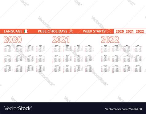 2020 2021 2022 Year Calendar In Italian Language Vector Image