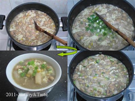 Siapkan mangkuk sup, beri jagung kemudian tuang dengan sup ayam sup siap dihidangkan Resep Sup Ayam, Jagung Manis, Asparagus dan Jamur Kancing | Just Try & Taste