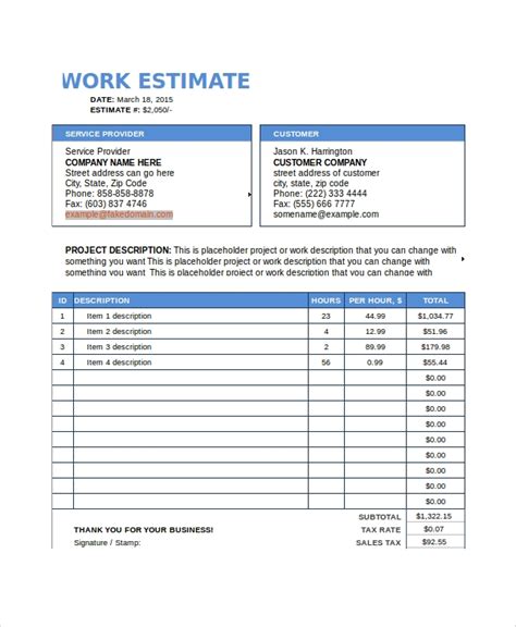 Work Estimate Templates 19 Free Docs Xlsx And Pdf Formats Samples