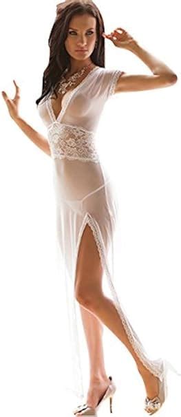 Sexy Lingerie White Sheer Fabric Lace Long Negligee Robe Gown Thong