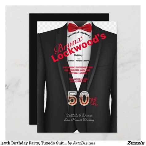 An Image Of A 50th Birthday Party Card With A Suit And Bow Tie On It