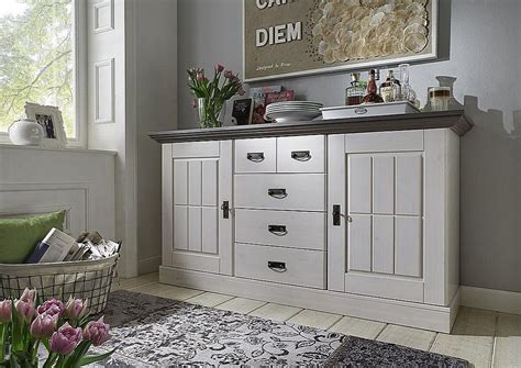 Home affaire kommode »naia«, made in denmark, mit abgerundeten schubladenkanten, schubladen auf metallgleiter, breite 77 cm, weiß, schubladen: Massivholz Sideboard Kiefer 2farbig weiß grau Anrichte ...