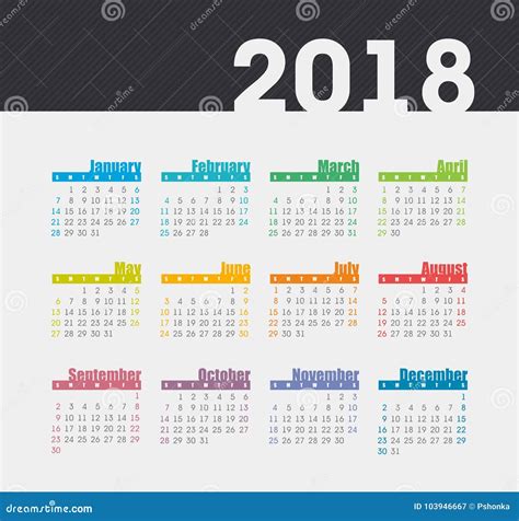 Calendar 2018 Year Week Starts From Sunday Stock Vector Illustration