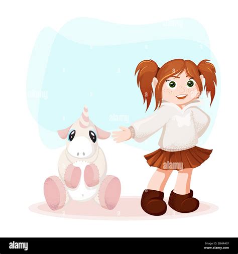 Greeting Card With Cute Cartoon Girl And Fairy Tale Unicorn Toy Stock