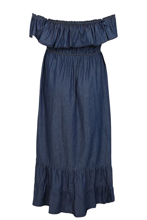 Blue Denim Chambray Frill Maxi Dress Plus Size 16 To 36